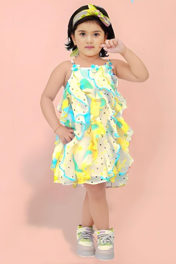 Yellow Floral Baby Dress With Hairband